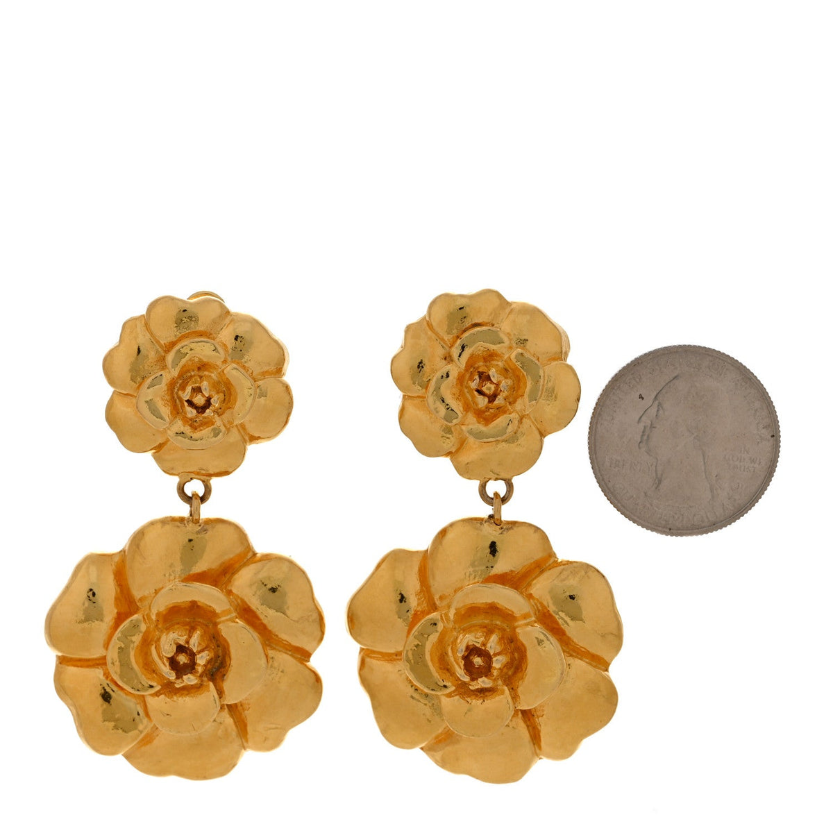 Camellia CC Clip On Drop Earrings Gold