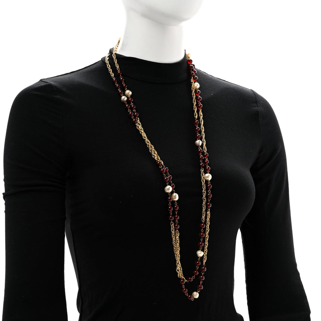 Beaded Pearl CC Long Strand Necklace Gold Red